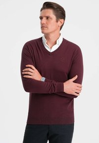 Burgundy v-ringad tröja i stickad tyg, med ribbad mudd och nederkant. Litet logotypdetalj på bröstet, bärs över en vit skjorta med krage.