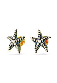 Pendientes en forma de estrella hechos de oro con esmalte negro, acentuados con perlas y piedras preciosas de colores azul, verde y amarillo.