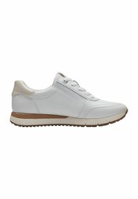 Sneaker bianco in pelle con cuciture tono su tono, design con lacci, finitura liscia, accenti beige chiaro e suola con motivo legnoso testurizzato.