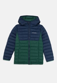 Navy blue and green quilted Columbia hooded jacket with full front zipper and two front pockets, designed for cold weather.