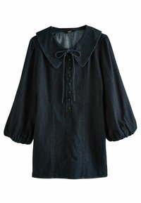 Donkerdenim blouse met een grote kraag, pofmouwen, een strik aan de voorkant en knoopsluiting in het midden. Zachte textuur.
