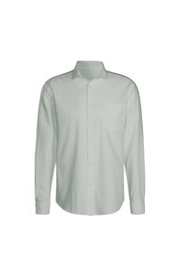 Witte blouse met lange mouwen van zacht stof, met een knoopsluiting aan de voorkant, een klassieke kraag en een enkele borstzak.