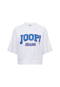 Witte cropped sweatshirt met blauw en rood 'JOOP! JEANS' logo. Heeft raglanmouwen en een boord onderaan. Zachte katoenmix structuur.