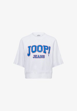 Witte cropped sweatshirt met blauw en rood 'JOOP! JEANS' logo. Heeft raglanmouwen en een boord onderaan. Zachte katoenmix structuur.