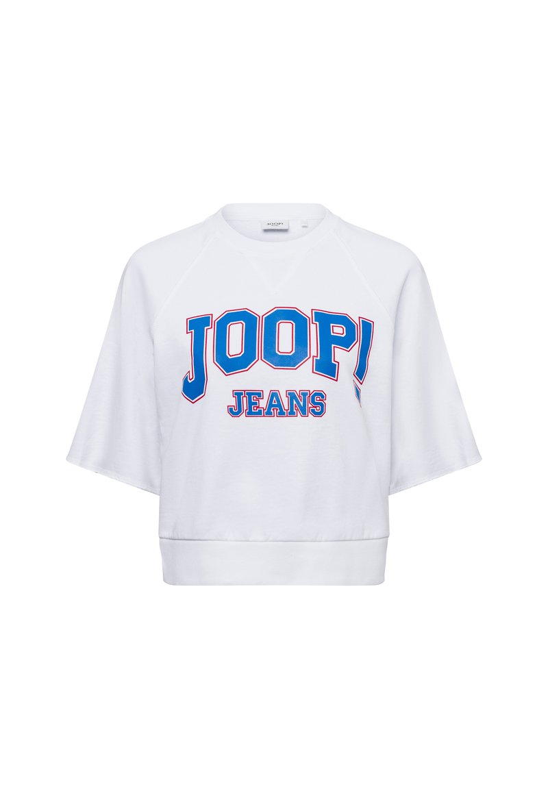 Witte cropped sweatshirt met blauw en rood 'JOOP! JEANS' logo. Heeft raglanmouwen en een boord onderaan. Zachte katoenmix structuur.