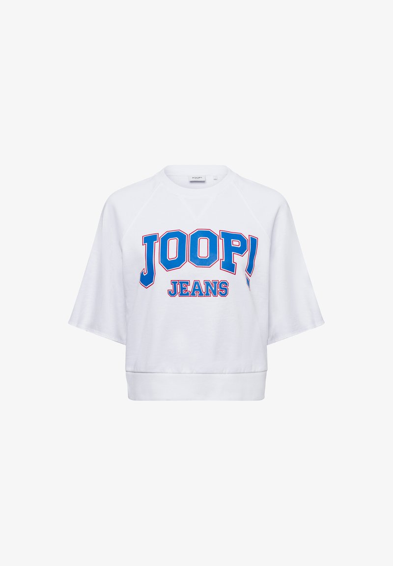 Witte cropped sweatshirt met blauw en rood 'JOOP! JEANS' logo. Heeft raglanmouwen en een boord onderaan. Zachte katoenmix structuur.