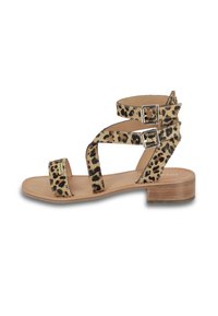 Sandalo con stampa leopardata e due fibbie regolabili. Design con cinturini, tacco piatto in legno e tessuto testurizzato per un aspetto distintivo.