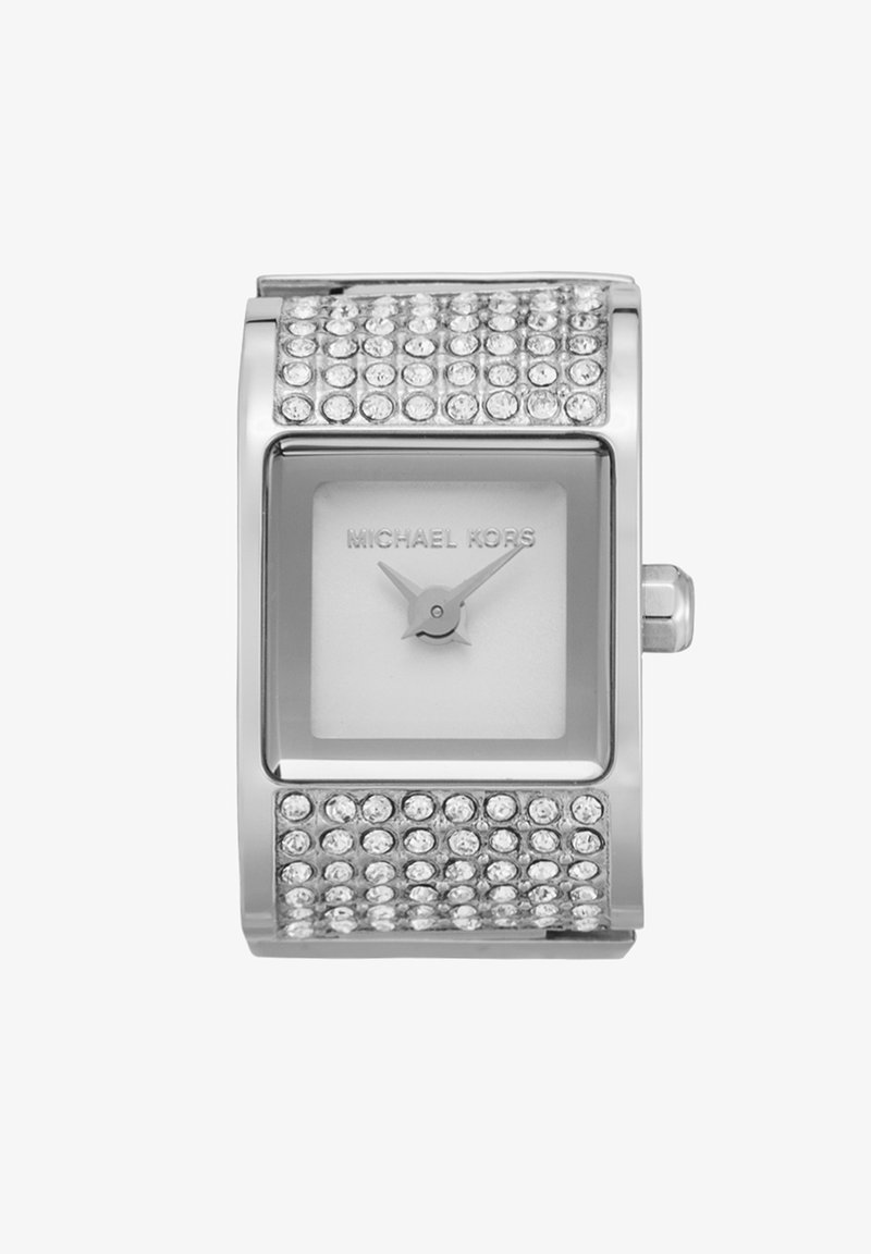 Relógio prateado Michael Kors com caixa quadrada, detalhes em cristal à volta do mostrador e ponteiros de horas e minutos minimalistas.