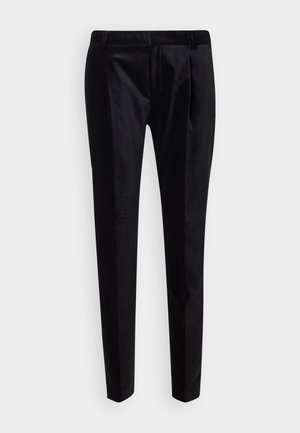 Black tailored trousers with a smooth texture, featuring a slim design, front pleats, and a subtle sheen. No visible hardware or patterns.