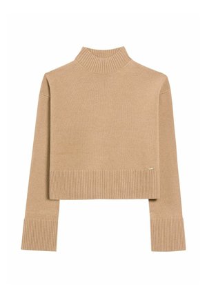 Beżowy sweter typu golf z krótkim rękawem i długimi, szerokimi ściągaczami przy rękawach i u dołu, wyeksponowany na białym tle.