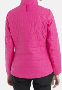 Růžová prošívaná bunda s vysokým límcem, vertikálním švem a přiléhavými rukávy. Lehká látka s hladkou texturou.