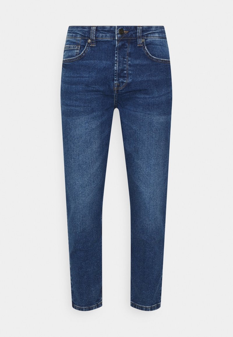 Jean slim en denim bleu foncé avec cinq poches et fermeture par boutons, présenté de face sur fond blanc.