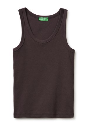 Débardeur brun foncé côtelé avec encolure dégagée, sans manches, et étiquette verte United Colors of Benetton à l'intérieur du col.