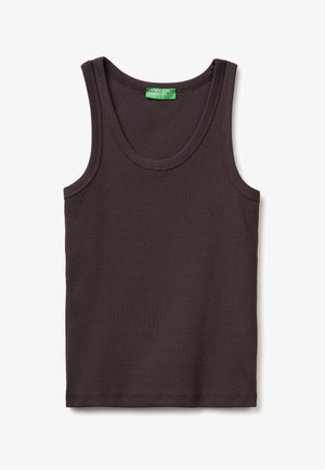 Ciemnobrązowy prążkowany top na ramiączkach z dekoltem w łódkę, bez rękawów, z zieloną metką United Colors of Benetton wewnątrz kołnierza.