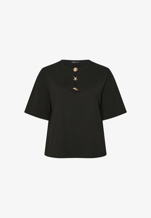 Black short-sleeve blouse with round neckline, featuring three gold-tone sea-themed buttons shaped like a shell, starfish, and coral on the front.