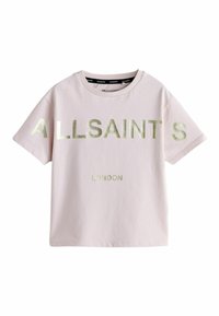 T-shirt en coton rose clair avec texte doré métallique « ALLSAINTS » et « LONDON » centré sur le devant, manches courtes et col rond.
