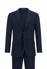 Costume deux pièces marine comprenant une veste à boutonnage simple avec revers crantés, deux poches avant et un pantalon assorti. Texture de tissu lisse.