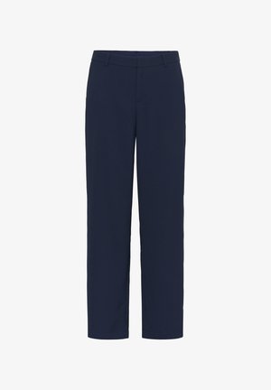 Tumed sinised püksid, mis on valmistatud siledast kangast, sirge jala disainiga, vööloopsudega ning lukuga, millel on nööbikeerme.