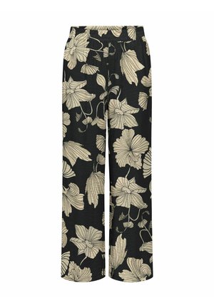 Pantalons larges noirs avec un motif floral beige. Dotés d'une taille élastique et d'un tissu texturé. Idéaux pour un look décontracté.
