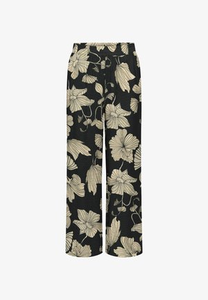 Juodos plačių kojų kelnės su gėlių raštu smėlio spalvos. Savybės: elastingas juosmuo ir tekstūruota medžiaga. Puikiai tinka kasdieniam dėvėjimui.