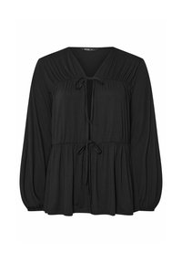 Top nero a maniche lunghe con scollatura a V, dettagli arricciati e un nodo in vita. Realizzato in tessuto morbido, presenta un design loose-fit.