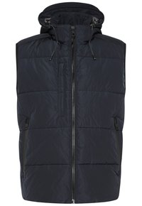 Gepolsterte dunkelmarine Weste mit hohem Kragen und Reißverschluss. Sie verfügt über zwei Seitentaschen und eine vordere Reißverschlusstasche mit verstellbaren Kordeln.