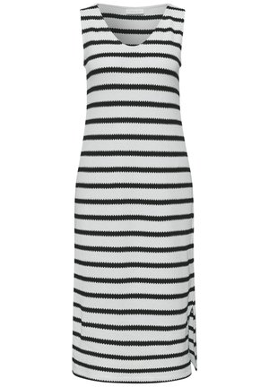 Vestido sin mangas, hasta la rodilla, con rayas horizontales dentadas en blanco y negro y una pequeña abertura lateral.