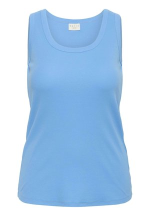 Svetlomodré tielko z rebrovaného materiálu s okrúhlym výstrihom a voľným strihom. Jemná a hladká textúra po celej ploche.