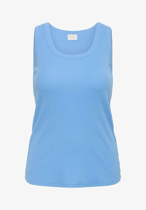 Lyseblå ærmeløs top lavet af ribstrikket stof med rund halsudskæring og en afslappet pasform. Enkel og glat tekstur over det hele.