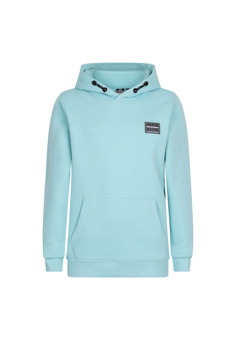 Felpa blu chiaro realizzata in morbido tessuto, con tasca frontale, cappuccio con cordoncino e un piccolo patch logo nero sul petto.
