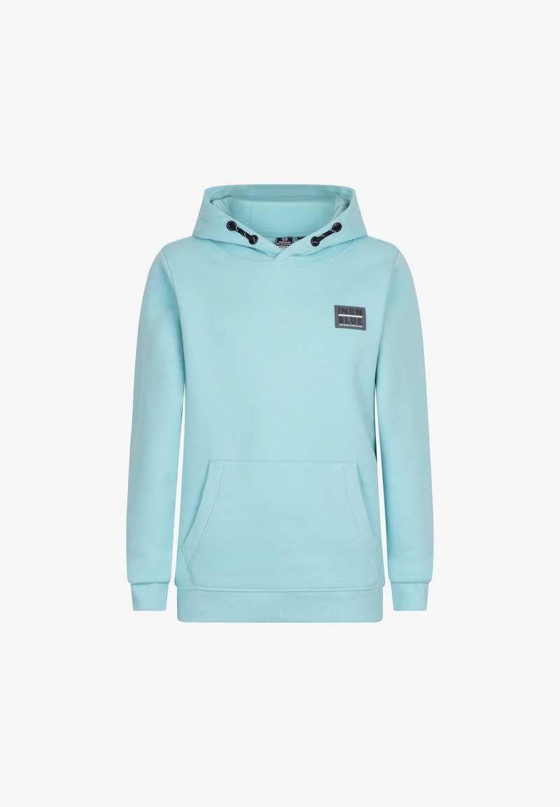 Lichtblauwe hoodie van zacht materiaal, met een voorkrui pocket, een capuchon met trekkoord, en een klein zwart logo op de borst.