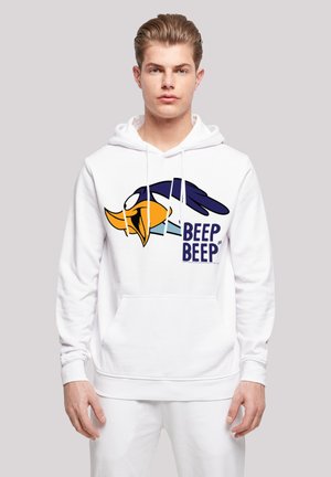 White hoodie features a graphic of a bird's head in blue and orange, with "BEEP BEEP" text below. The fabric appears soft with a front pocket.