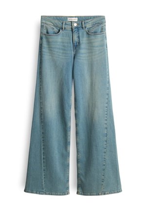 Jeans a gamba larga blu chiaro realizzati in denim, con vita alta, tasche frontali e chiusura con bottone. Texture liscia con minima sbiaditura.