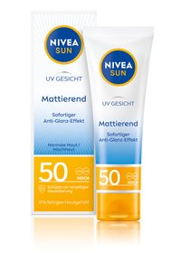 NIVEA Sun Sonnencreme, Box und Tube, weiß mit blauen und gelben Akzenten. Enthält SPF 50, mattierend, geeignet für normale/mischhaut.