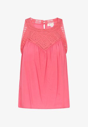 Koralline ilma varrukateta pluus pitsdetailiga kaeluses ja seljas, lahtise lõike ning pehme kanga tekstuuriga. Selja võtmeaugu kinnistus.