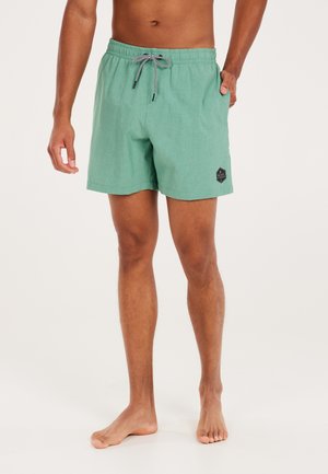 Shorts de bain verts avec un tissu texturé, une taille élastique et un cordon de serrage noir contrastant. Dispose d'une poche latérale et d'un patch logo.
