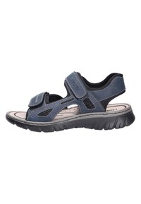 Men's sandals with a navy blue synthetic upper, adjustable Velcro straps, mesh cutouts, and a black rubber sole with textured tread.