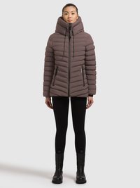 Brown puffer jacket with a high collar and hood, featuring horizontal quilted pattern, two zippered side pockets, and drawstring adjustments.
