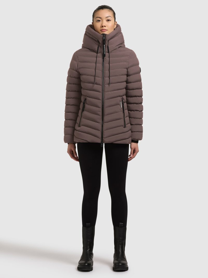 Brown puffer jacket with a high collar and hood, featuring horizontal quilted pattern, two zippered side pockets, and drawstring adjustments.