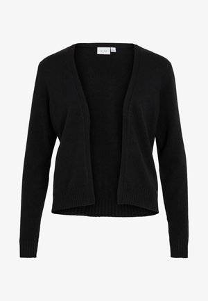 Melna kardigāna ar mīkstu faktūru, atvērtu priekšpusi, garām piedurknēm un ribotu apdari ap apakšmalu un piedurkņu galiem.