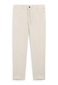 Light beige linen pants with an elastic waistband and drawstring. Features a single button detail at the waist and tapered leg design.