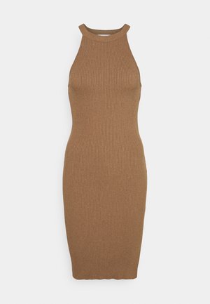 Gestreepte, mouwloze, bruine bodycon jurk met een hoge halslijn, gemaakt van rekbaar materiaal, gladde textuur, knielange ontwerp.