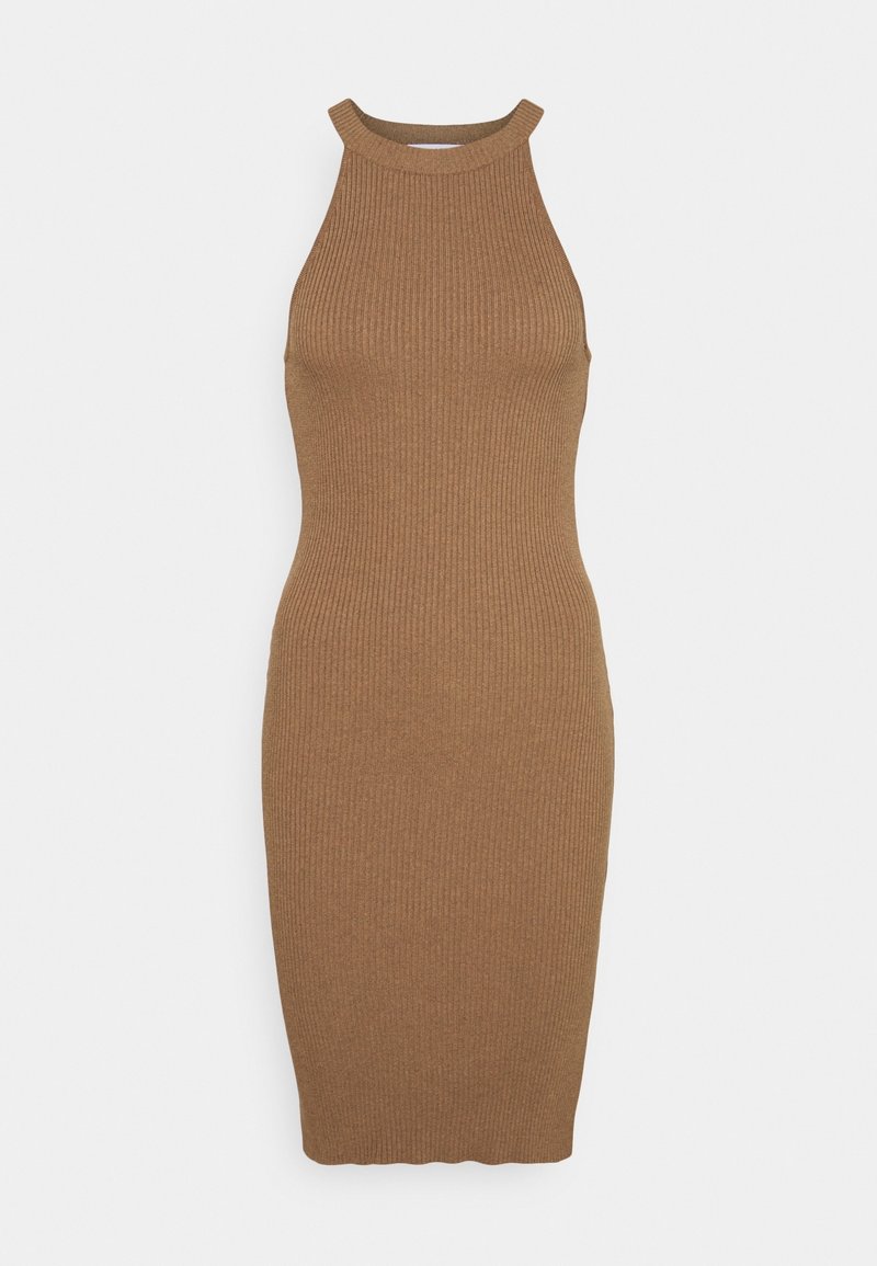 Robe bodycon marron à côtes, sans manches, avec un col haut, fabriquée en tissu extensible, texture lisse, design longueur genoux.