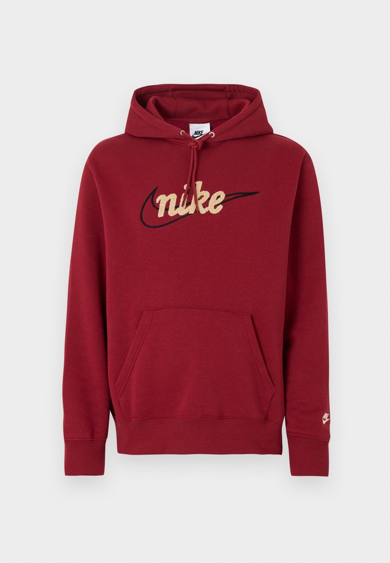 Felpa con cappuccio rossa in tessuto morbido, con un grande logo "Nike" beige ricamato, tasca frontale e cappuccio con coulisse.