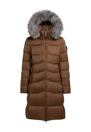 Cappotto imbottito marrone con zip frontale, cappuccio foderato in pelliccia sintetica e tasche laterali. Presenta un design trapuntato e una lunghezza media.