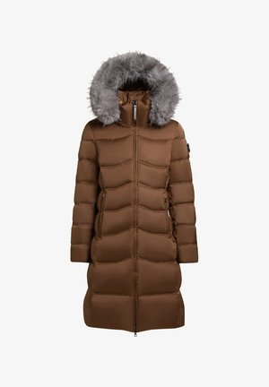 Brun dunjakke med lynlåslukning foran, hætte foret med kunstpels og sidelommer. Har et quiltet design og en mellemlang længde.