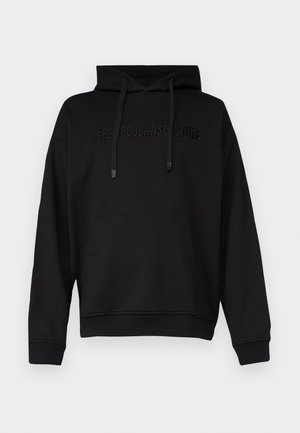 Zwarte hoodie met een voorzak, trekkoorden en reliëftekst "VERSACE JEANSCOUTURE" op de borst. Heeft een relaxte pasvorm en ribgebreide manchetten.