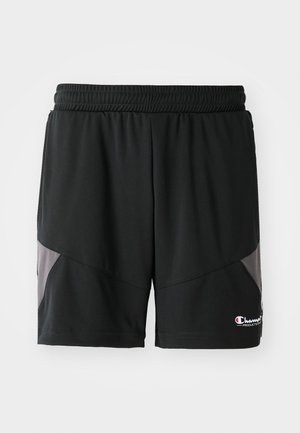 Schwarze Sportshorts aus leichtem Stoff mit einem elastischen Bund, mit grauen Seitenpaneelen und einem kleinen Logodetail am unteren Ende.