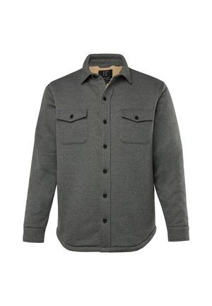Graues Hemd mit langen Ärmeln, zwei Brusttaschen und einem weichen beigen Futter. Verfügt über einen abgerundeten Saum und ein Kragen-Design.