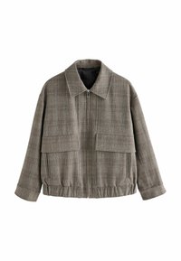Bruine geruite zip-up jas met brede kraag, twee grote voorflapzakken, zijzakken met split en elastische onderrand en manchetten.